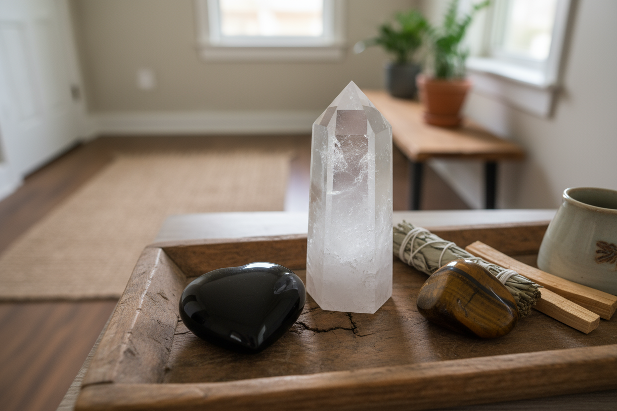 这三款石头分别是白水晶柱,心型黑曜石,虎眼滚石