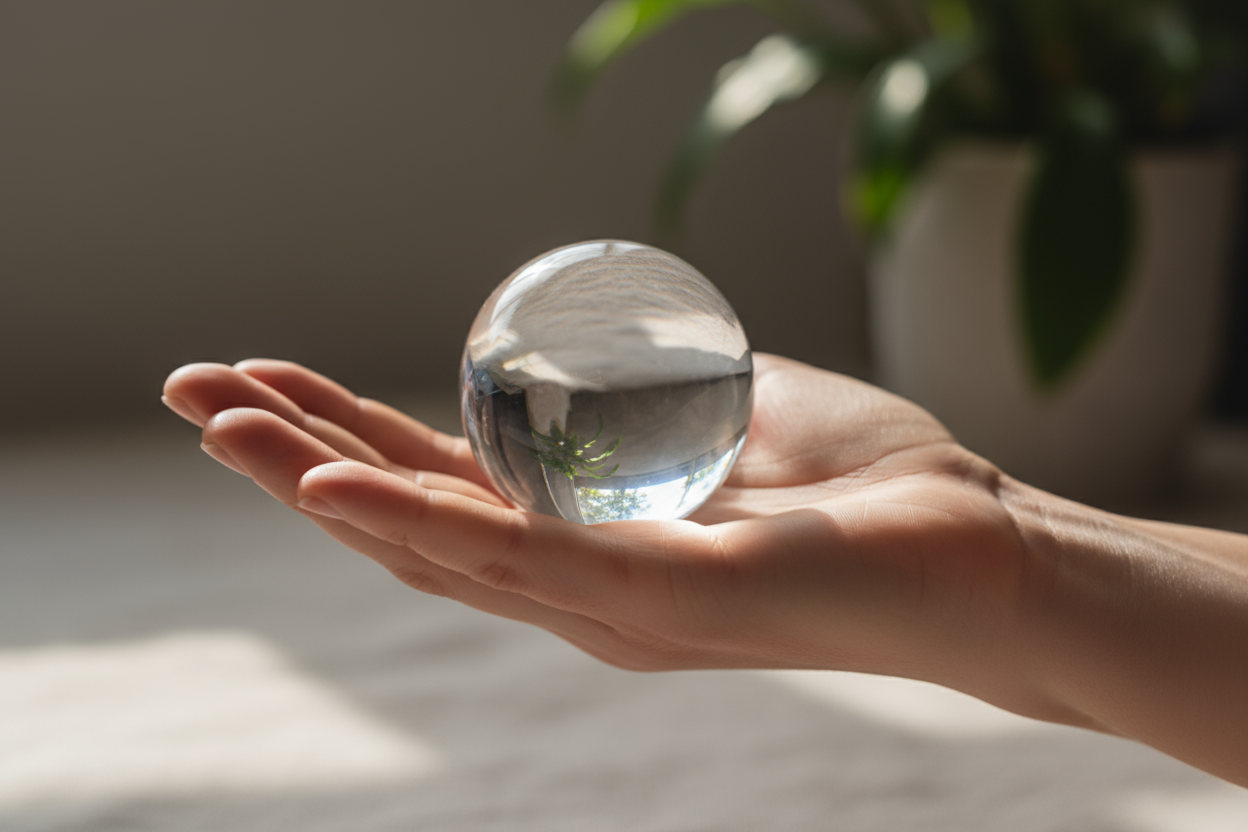 直径3厘米的水晶球放在掌心，深呼吸，冥想状态。