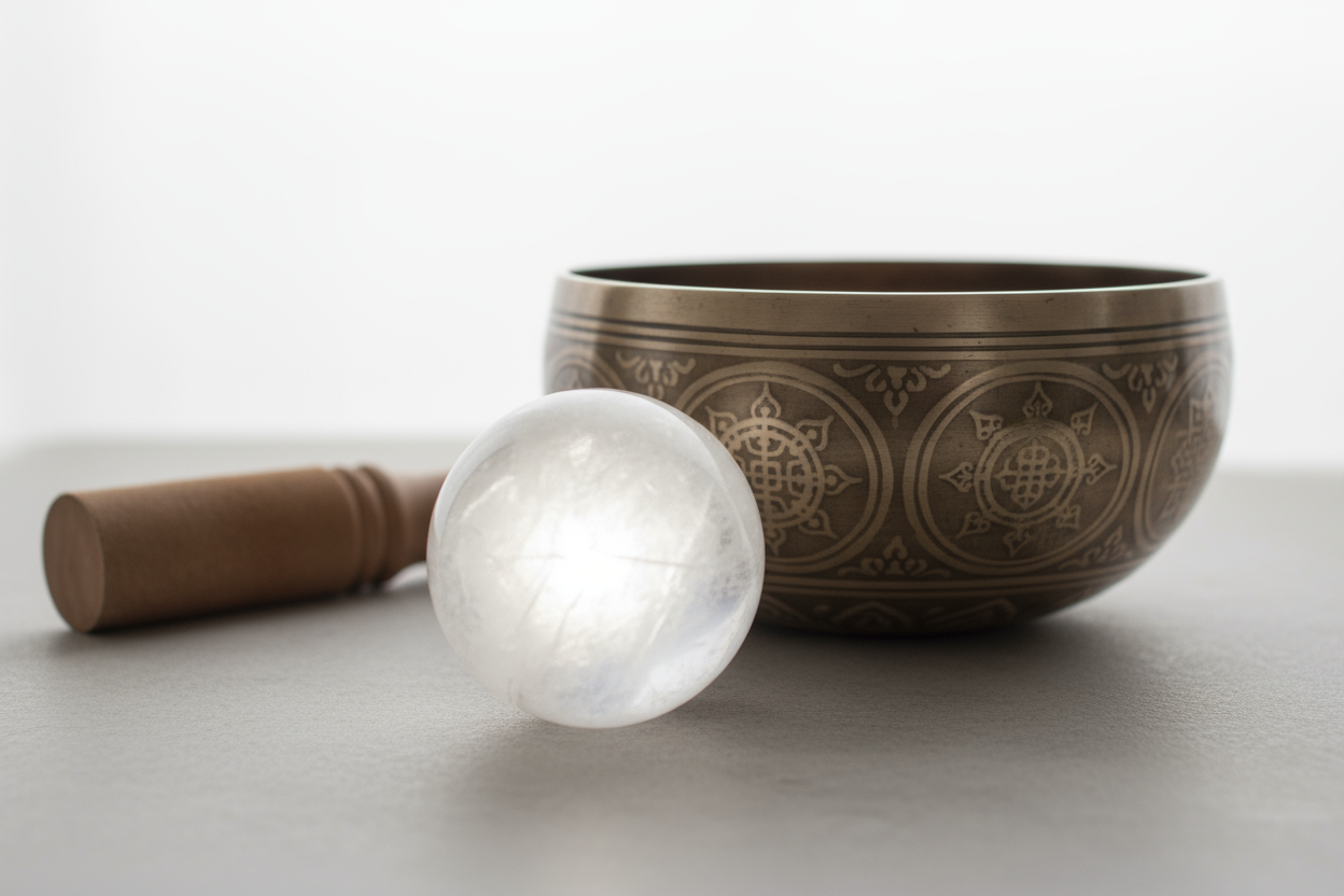 直径3cm的白色水晶球放在音钵旁边。