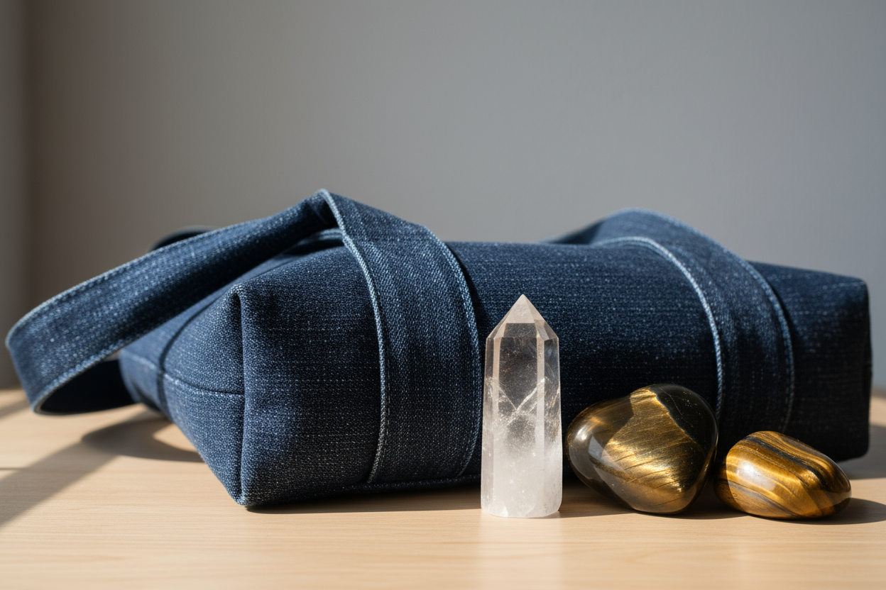 随身的深蓝色牛仔帆布袋 旁边放着白水晶柱，心型金曜石，虎眼石滚石各一颗