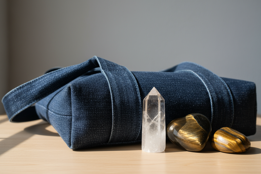 随身的深蓝色牛仔帆布袋 旁边放着白水晶柱，心型金曜石，虎眼石滚石各一颗
