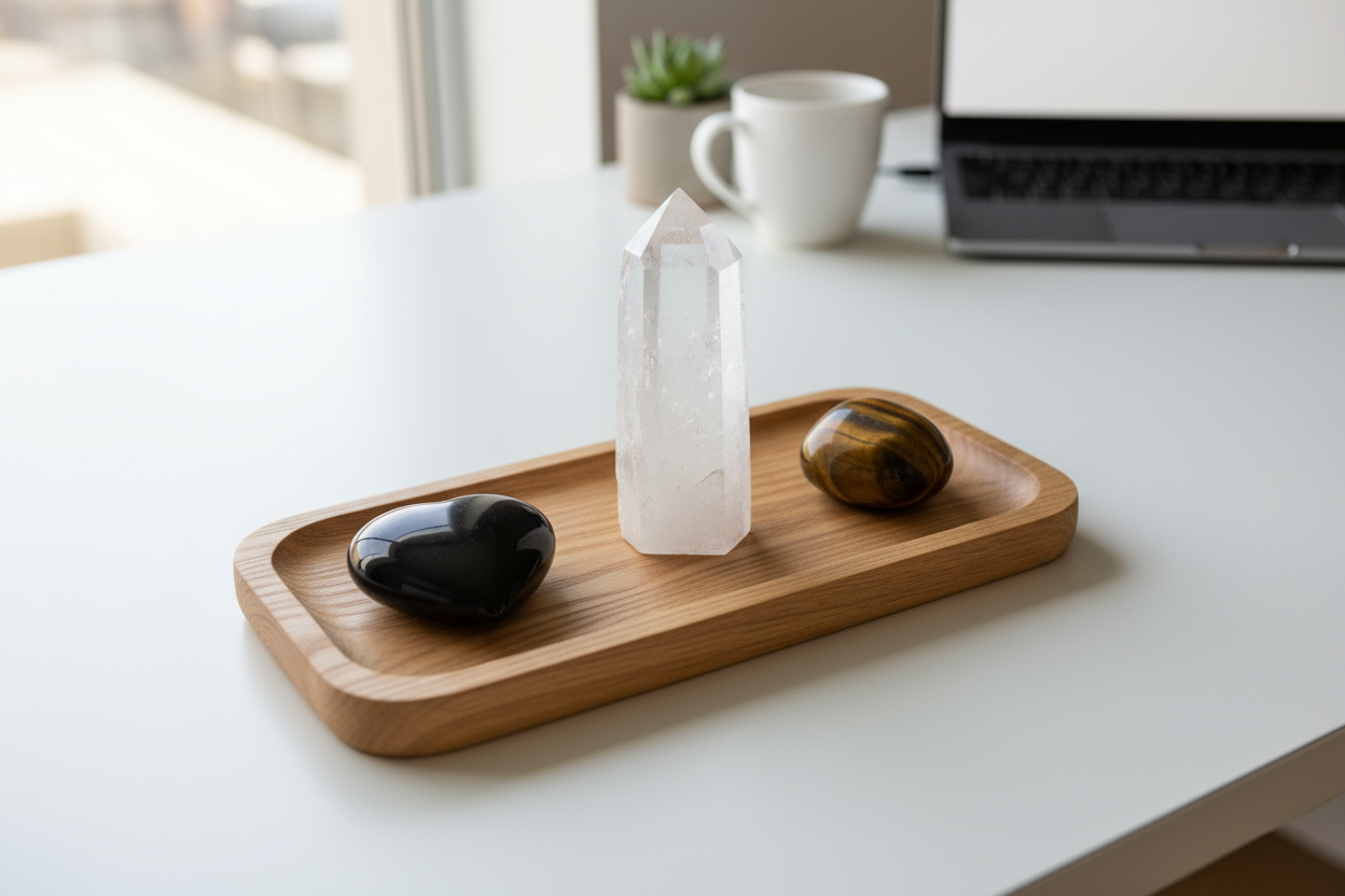 工位上，将这三块石头放在木托盘上